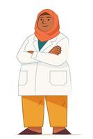 Female arabic doctor in hijab standing confidently with folded arms in medical coat vector