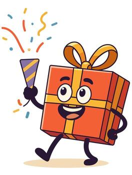 Funny present character popping party cracker with confetti flying around vector