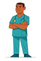 black Male nurse or surgeon in blue scrubs with stethoscope and folded arms, confident expression vector