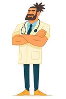 Strong male doctor with beard and man bun standing with arms crossed in medical coat vector