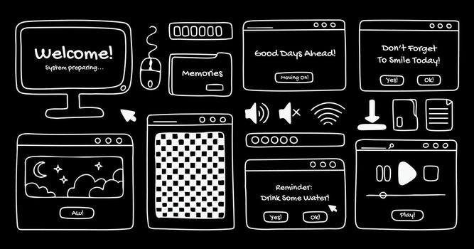 Computer windows and open dialog frames white doodles, screen, folders and other pc user interface signs and symbols. Graphic design elements, hand drawn, outline. vector