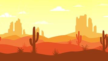 Moving landscape with desert and cactus. Looped animation background in flat style. 4k stock footage video