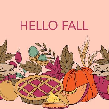 Hello Fall Seamless Design. Hello Fall Poster. Horizontal Fall Background. Autumn Line Art Drawing. Fall Botanical garland seamless. Border Frame vector