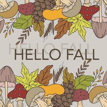 Hello Fall Design. Hello Fall Poster. Horizontal Fall Background. Autumn Line Art Drawing. Fall Botanical garland seamless. Border Frame vector