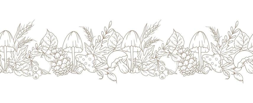 bosque otoño sin costura diseño. horizontal otoño antecedentes. otoño línea Arte dibujo. otoño flor diseño. otoño botánico guirnalda sin costura. frontera marco vector