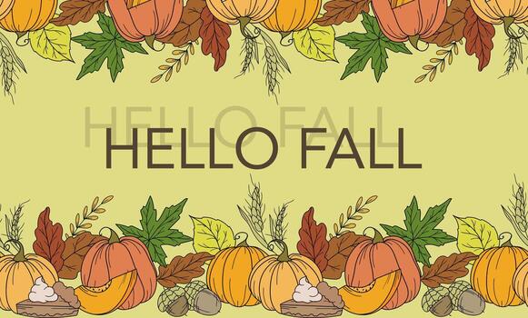 Fall Seamless Design Template. Hello Fall Poster. Horizontal Fall Background. Autumn Line Art Drawing. Fall Botanical garland seamless. Border Frame vector
