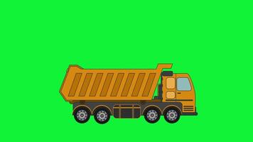 Heavy dump truck with six wheels on green background video