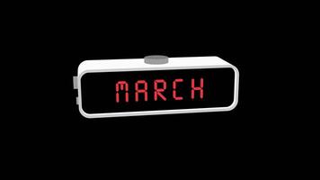Digital clock with March display on black background video