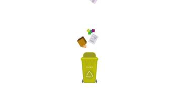 Paper recycling bin filling up with waste paper on white background video