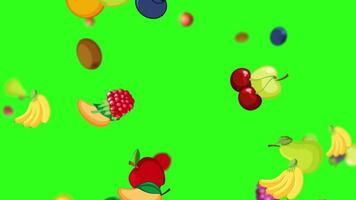 Fruits falling against a vibrant green backdrop video