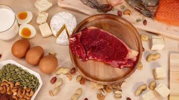 Protein food arranged on a table video