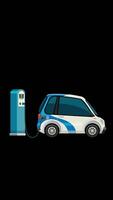 Electric car charges at a station, showing battery progress on a black background video