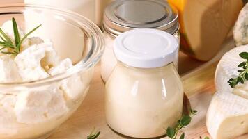 Various dairy products and cheeses on display video