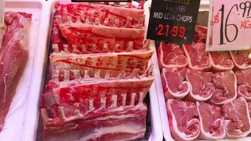 Various cuts of meat on display video