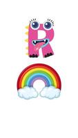 Playful animation of letter R transforming into a character with a rainbow, conveying a cheerful educational theme video