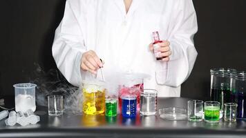 Scientist conducting experiment with colorful liquid experiment video