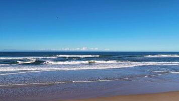 Aerial footage of ocean waves and sandy beach under clear skies at Gold Coast, Australia, showcasing dynamic surf and coastal beauty video