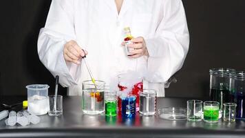 A scientist conducts experiment with colorful liquids video