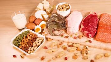 Many protein sources arranged on a table video