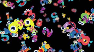 Vibrant letters and numbers with monster faces animate playfully against a black background, creating a whimsical and energetic mood video