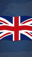 Animation of UK flag with dynamic candlestick charts illustrating financial market fluctuations over a global map backdrop video