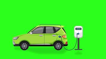 Animation of a green car charging, showing battery levels increasing to full on a vibrant green background video