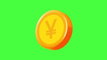 A 3D animation of a golden Chinese Yuan coin, rotating against a green screen. video