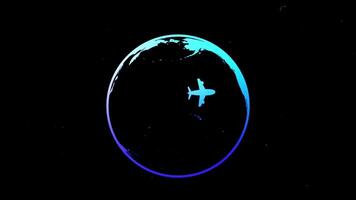 animated footage stylized gradient colored Earth rotating, with an airplane icon continuously circling its perimeter, symbolizing global travel and aviation technology video