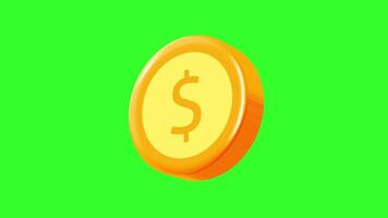 3D animated golden dollar coin,rotating on a green screen background. video