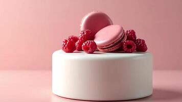 Elegant pink dessert with macarons and raspberries on pink background for celebration video
