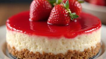 Delicious Strawberry Cheesecake with Red Glaze and Graham Cracker Crust Close Up View video