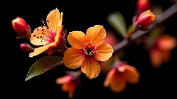 Beautiful close-up of vibrant orange flowering quince blossoms against a stark black backdrop video