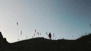 Silhouette of woman hiker with raised arms at mountain peak during sunrise, symbolizing freedom, vitality, success, adventure, and connection with nature video