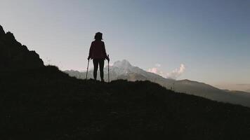 Silhouette of woman with arms raised outstretched and trekking poles in hand standing on top viewpoint facing high Mountain peak, celebrating mountain summit at sunset outdoors video