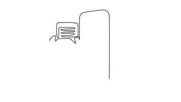 AI robot looking out of phone screen with speech bubbles. AI chat concept. Single line draw design. Full length animation illustration. High quality 4k footage video