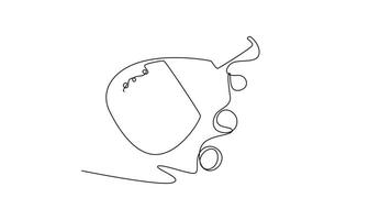 two balls and a padel tennis racket. padel concept. Single line draw design. Full length animation illustration. High quality 4k footage video