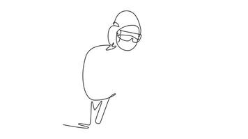 female doctor in personal protective suit or PPE with mask writing on clipboard. Medical concept. Single line draw design. Full length animation illustration. High quality 4k footage video