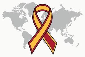 A red and yellow ribbon is shown on a world map vector