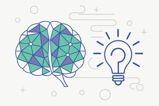 A brain with a light bulb and a triangle vector