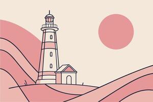 A lighthouse on a hill with waves in the background vector