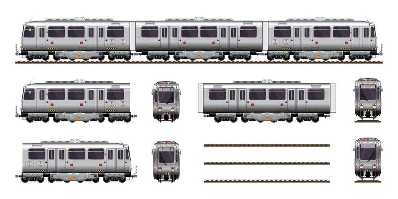 Passenger train realistic set highly detailed flat illustration of a set of railway tram model view from various angles set illustration