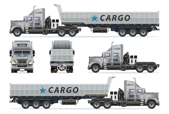 Semi trailer dump truck heavy long cars pickup model realistic highly detailed flat set illustration