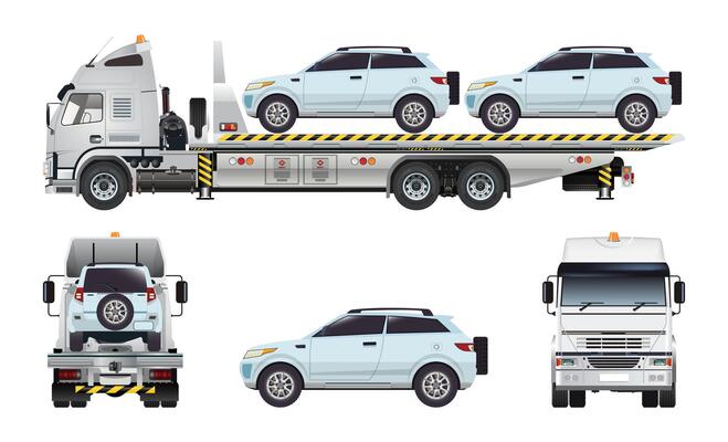 Flat bed truck trailer loaded cars carrier model realistic highly detailed flat set illustration