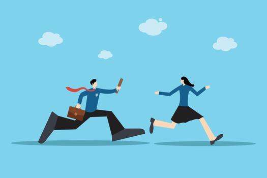 Two business partners running, one handing over a dropped item. Symbolizes teamwork, support, and agile collaboration in a fast-paced work environment. vector