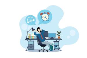 Man relaxing at desk with headphones vector