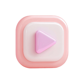 Play button icon, pastel pink and white. 3D render of a square button with a play triangle png