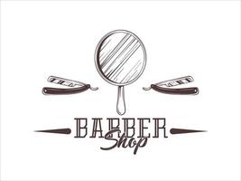 Retro style barbershop logo with mirror and razor vector