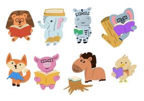 A set of cartoon animals reading books vector