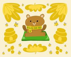 A brown bear sitting on a green mat surrounded by yellow flowers vector