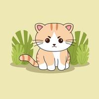 A cartoon cat sitting in the grass with plants vector